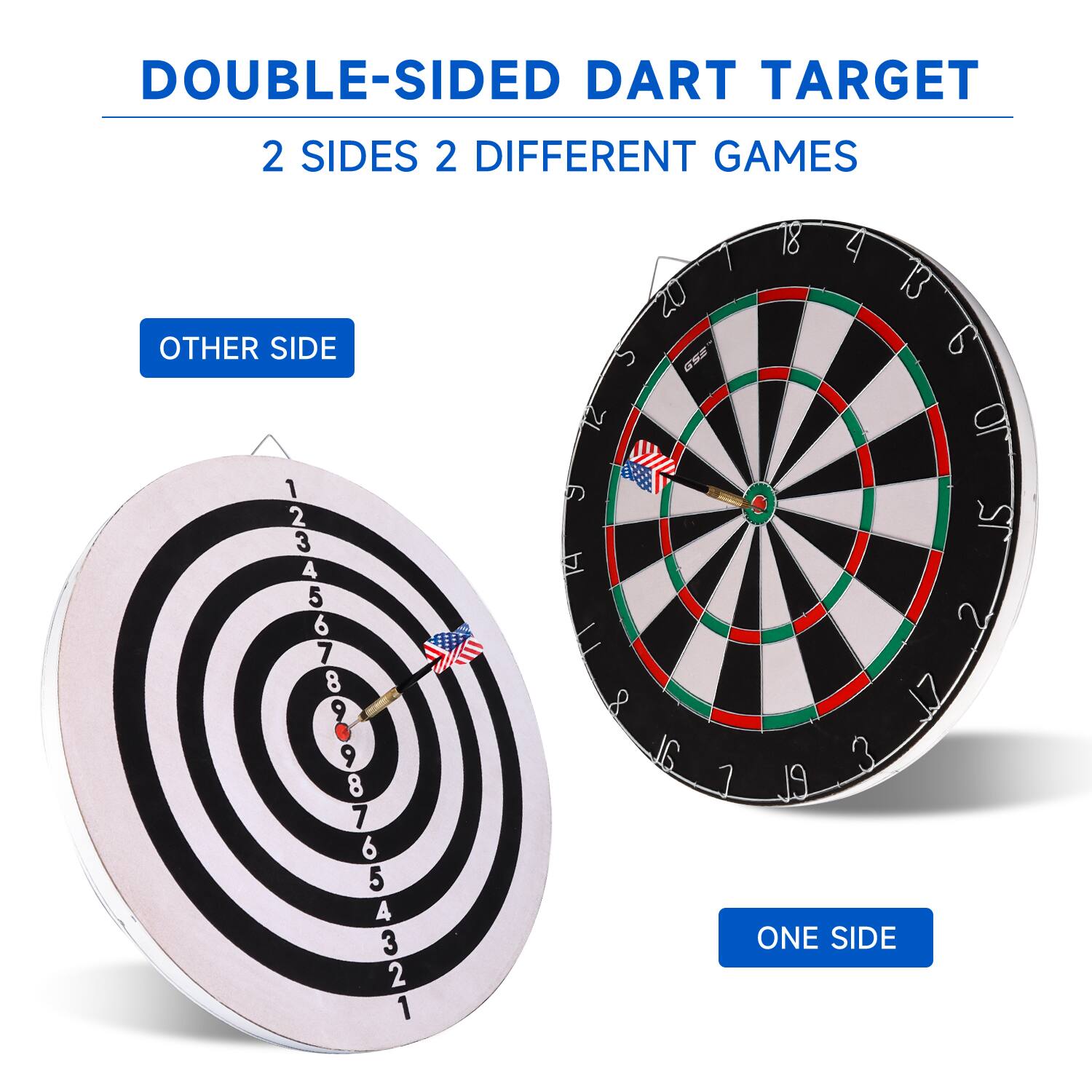DOUBLE-SIDED DART TARGET, 2 SIDES 2 DIFFERENT GAMES, OTHER SIDE, 1, 2, 3, 4, 5, 6, 7, 8, 9, 10, 11, 12, 13, 14, 15, 16, 17, 18, 19, 20, ONE SIDE.