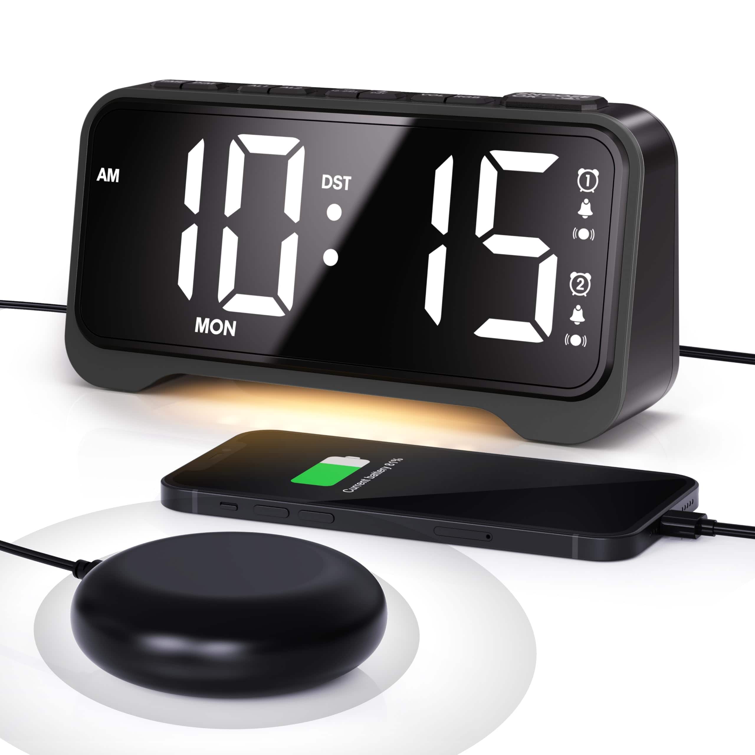 Dazzed Corner - Wake-Up Alarm Clock with Bed Shaker, Dual Alarms - White Digts