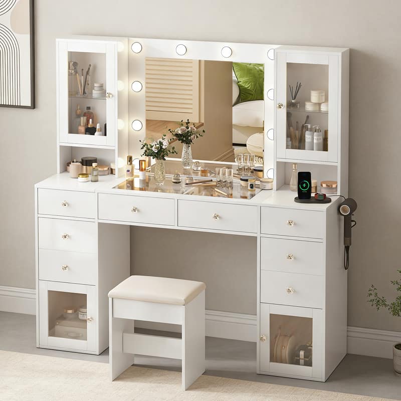 Dyonery - Vanity Desk with Mirror, LED Lights and Power Outlet Makeup Vanity Table with 10 Drawers and 6 Storage Shelves Dressing - White