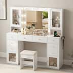 Front. Dyonery - Vanity Desk with Mirror, LED Lights and Power Outlet Makeup Vanity Table with 10 Drawers and 6 Storage Shelves Dressing - White.