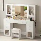 Front. Dyonery - Vanity Desk with Mirror, LED Lights and Power Outlet Makeup Vanity Table with 10 Drawers and 6 Storage Shelves Dressing - White.