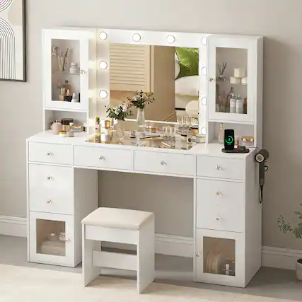 Front. Dyonery - Vanity Desk with Mirror, LED Lights and Power Outlet Makeup Vanity Table with 10 Drawers and 6 Storage Shelves Dressing - White.