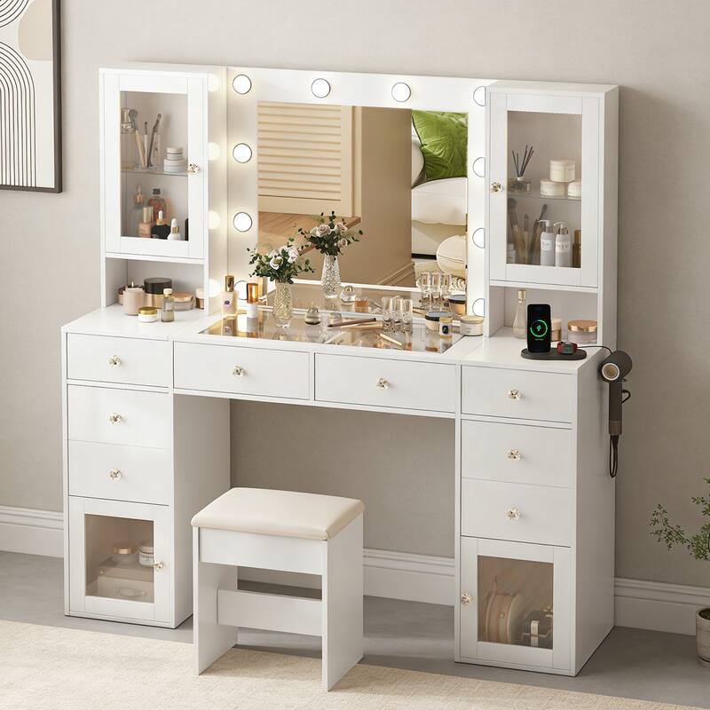 Front. Dyonery - Vanity Desk with Mirror, LED Lights and Power Outlet Makeup Vanity Table with 10 Drawers and 6 Storage Shelves Dressing - White.
