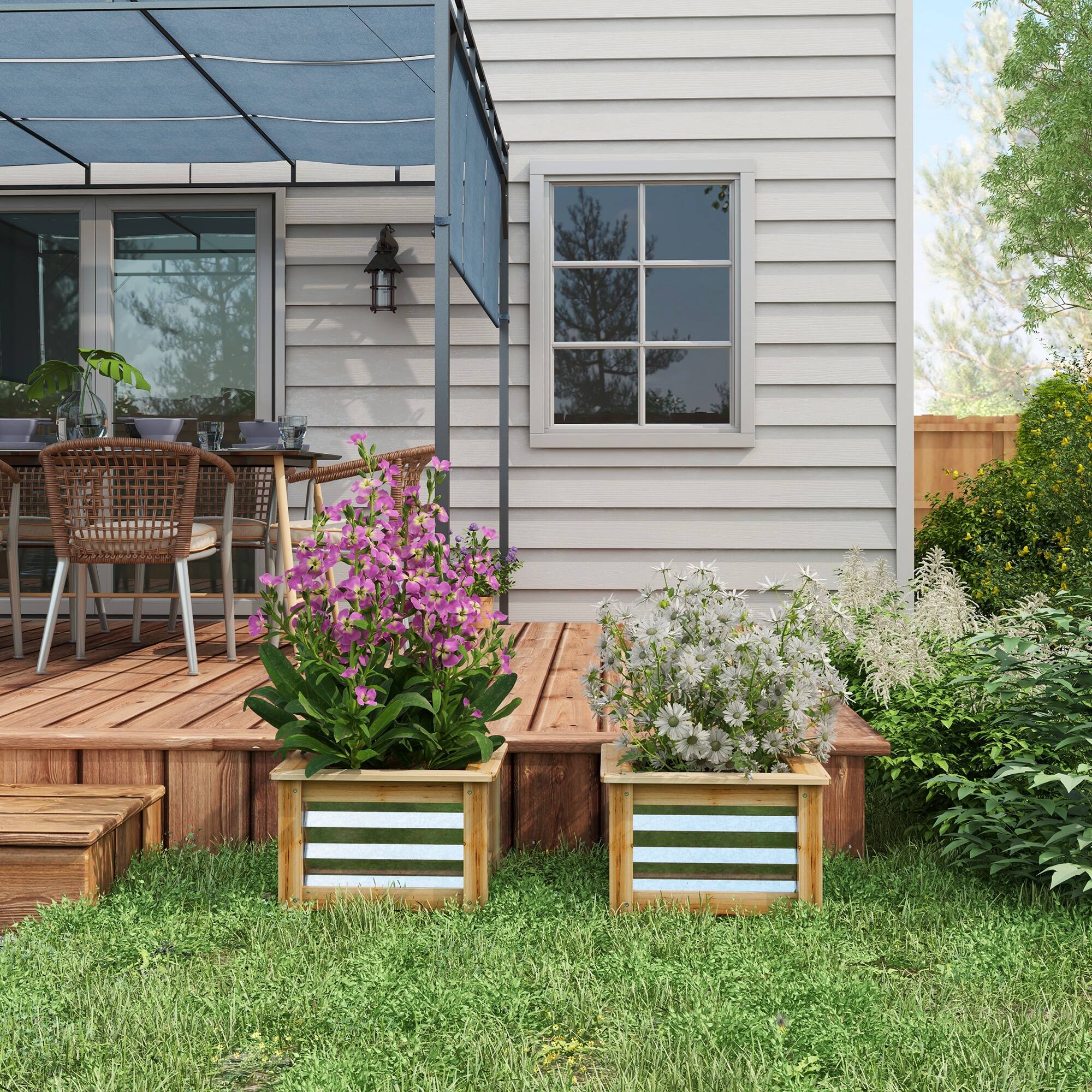 Alt View 6. Outsunny - Garden Beds Set of 2, Metal and Wood Combined Planter Box, for Growing Flowers - Natural and Silver.