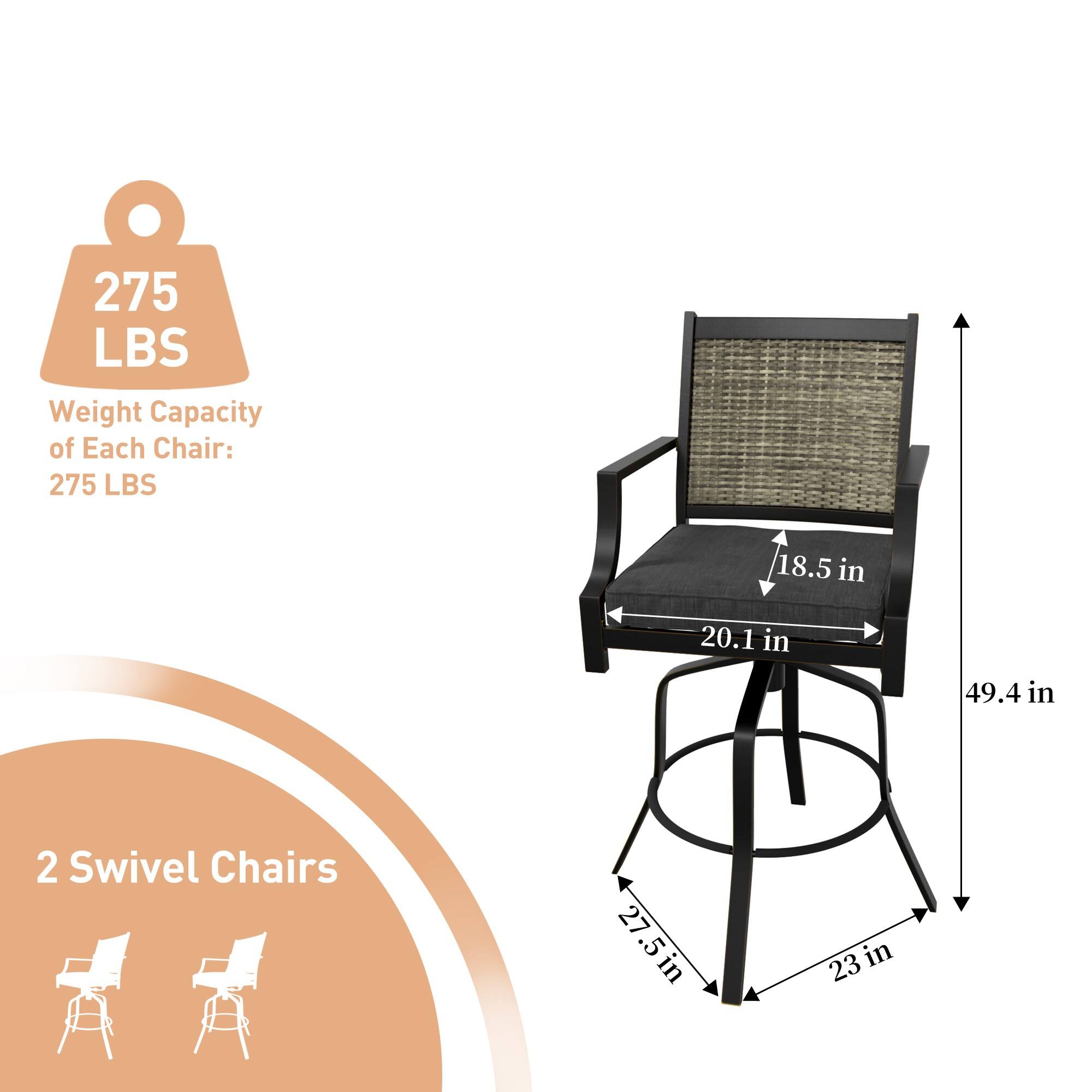 275 LBS Weight Capacity of Each Chair: 275 LBS  
18.5 in  
20.1 in  
49.4 in  
2 Swivel Chairs  
27.5 in  
23 in