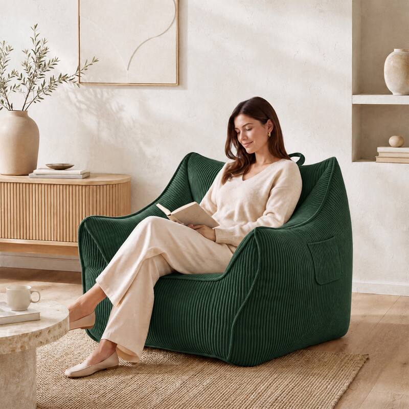 Angle. Vipbear - 36.2" W Bean Bag Sofa Chair for Adults, High Back Accent Chair with Armrests for Living Room/Bedroom/Apartment/Dormitory - green.
