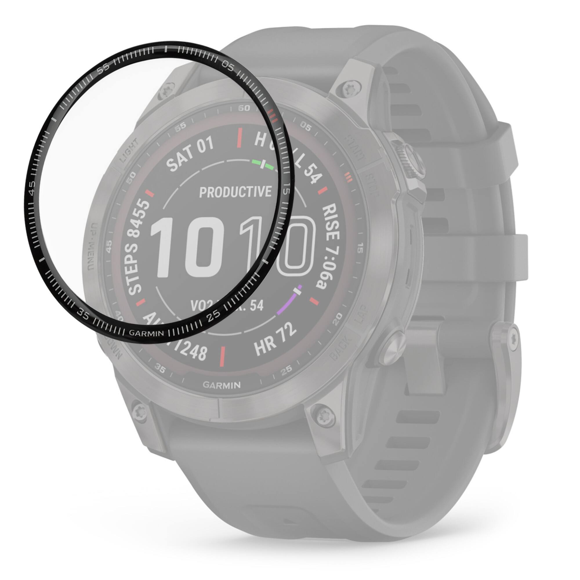 Sure, here is the corrected and grouped text from the image:

- **Date and Day:** SAT 01
- **Time:** 10:10
- **Steps:** 8455
- **Productive:** 10
- **VO2:** 25
- **HR:** 72
- **LAP:** 1248
- **RISE:** 7:06a
- **LIGHT:** 50
- **GARMIN** (brand name)
- **Menu:** 45
- **Back:** 35
- **Steps:** 35
- **NMD:** 1248
- **HR:** 35
- **25**
- **1**
- **GARMIN** (brand name)