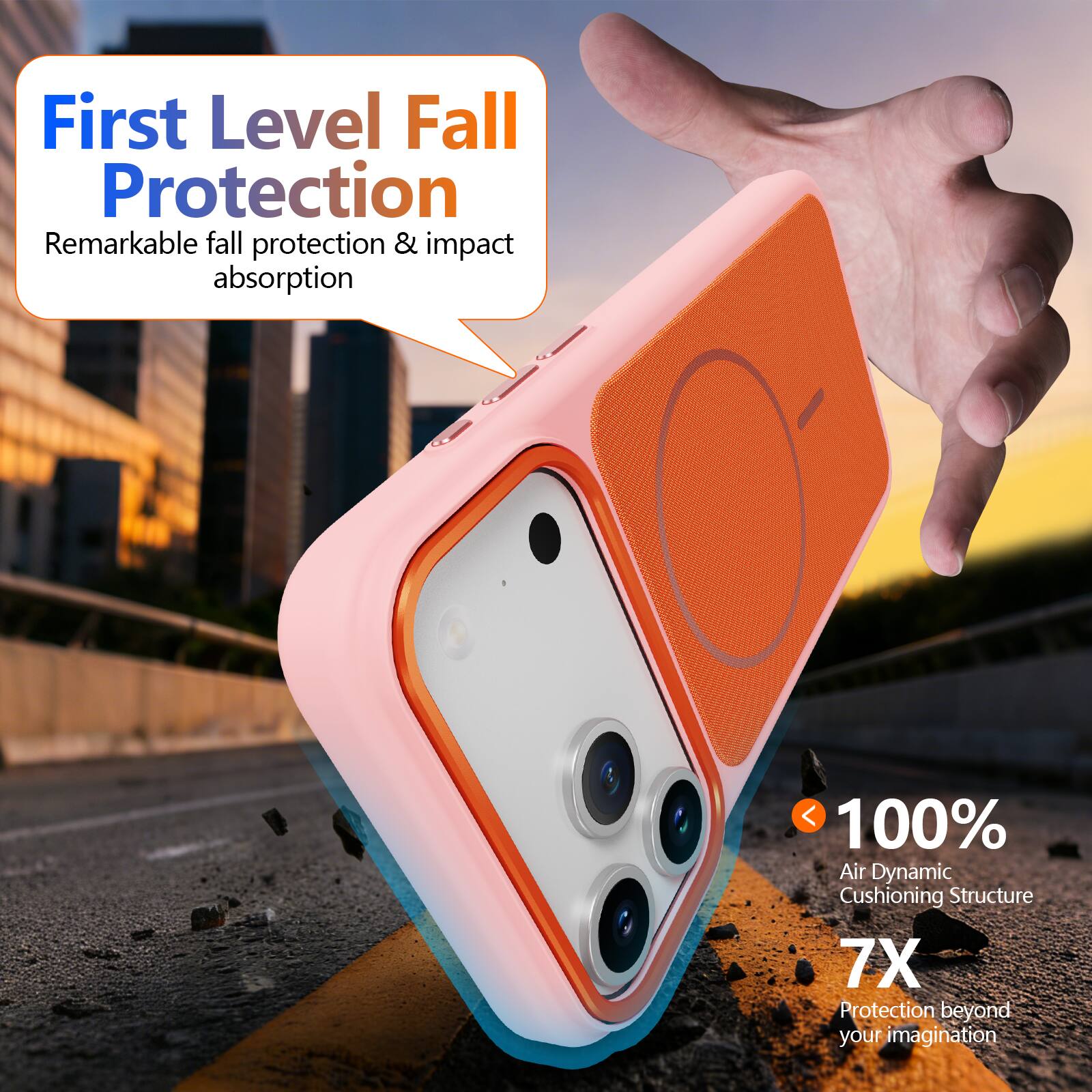 First Level Fall Protection  
Remarkable fall protection & impact absorption  

100% Air Dynamic Cushioning Structure  
7X Protection beyond your imagination