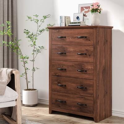 Tall Storage Dresser with 5 Pull-out Drawers for Bedroom Living Room-Walnut | Costway Tall Storage Dresser with 5 Pull-out Drawers for Bedroom Living Room-Walnut | Costway