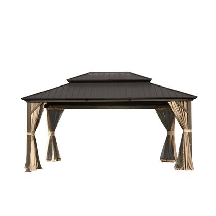 Front. Mondawe - 12' X 14' Party Pavilion Gazebo with Curtains and Mosquito Netting - Brown.