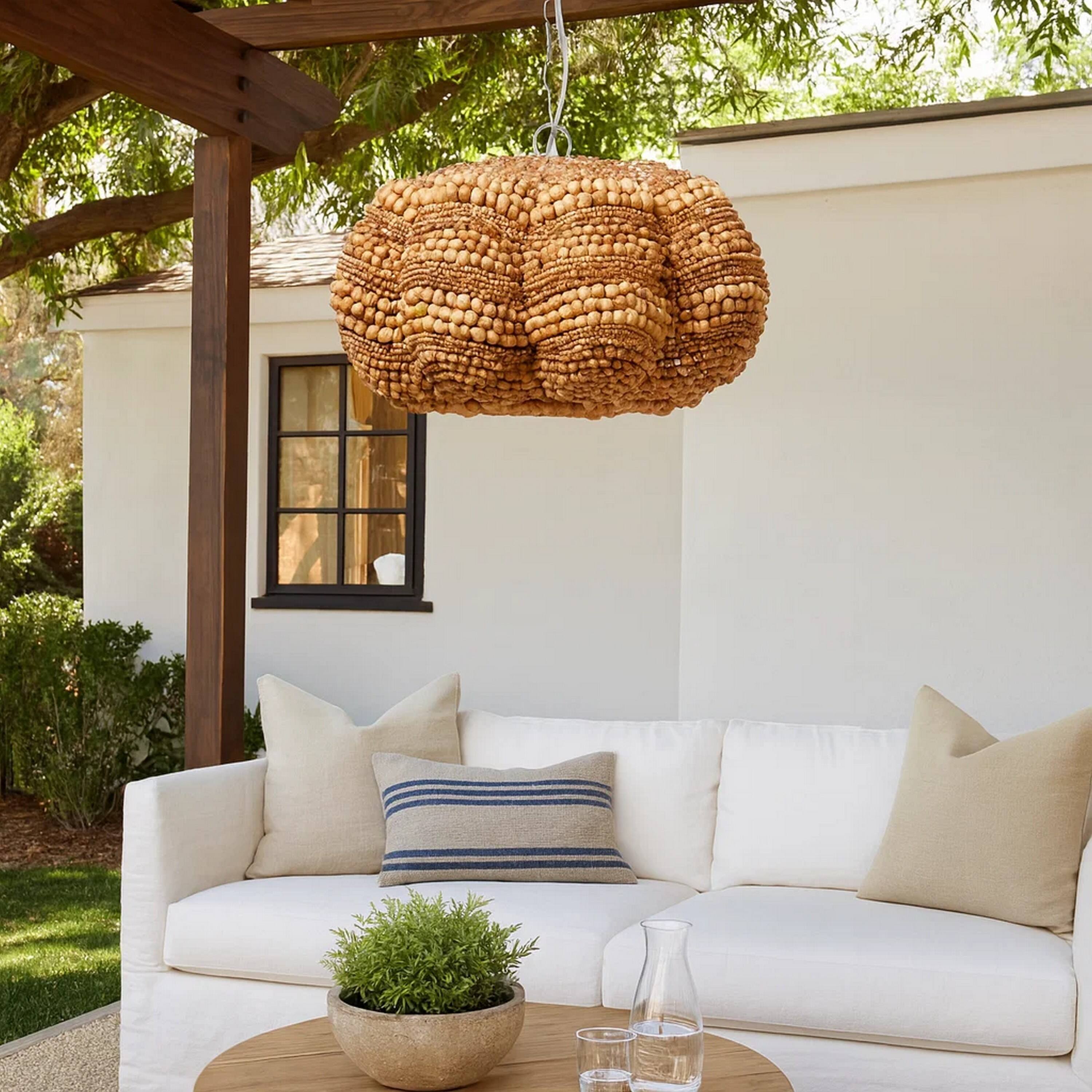 Alt View 3. Manhattan Lane - Fero Chandelier, Natural Brown Handcarved Mango Wood Beads, 27 Inch - Natural Brown, Chrome.