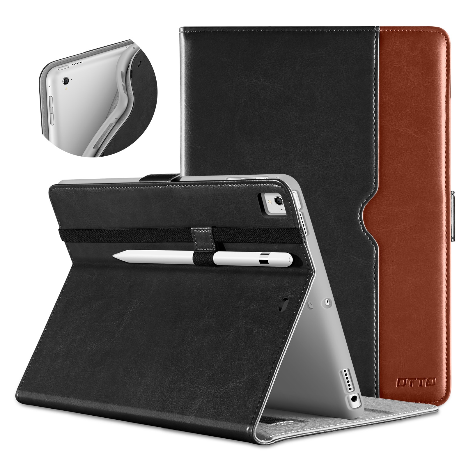 Front. DTTO - for iPad 9.7 Inch 5th/6th Gen 2018/2017 Case with Apple Pencil Holder, Premium Leather Folio Stand Cover Case - Black Brown.