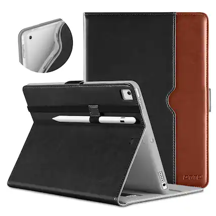 Front. DTTO - for iPad 9.7 Inch 5th/6th Gen 2018/2017 Case with Apple Pencil Holder, Premium Leather Folio Stand Cover Case - Black Brown.