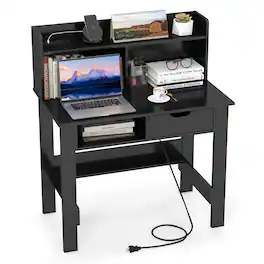 Gymax - Computer Desk w/ Power Outlets & USB Ports & Type-C Hutch Open Shelf Drawer - Black