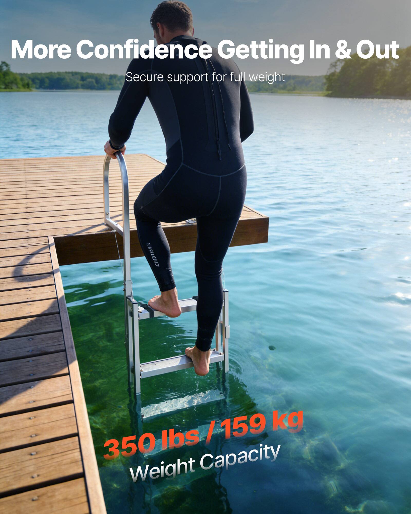 More Confidence Getting In & Out  
Secure support for full weight  
350 lbs / 159 kg  
Weight Capacity