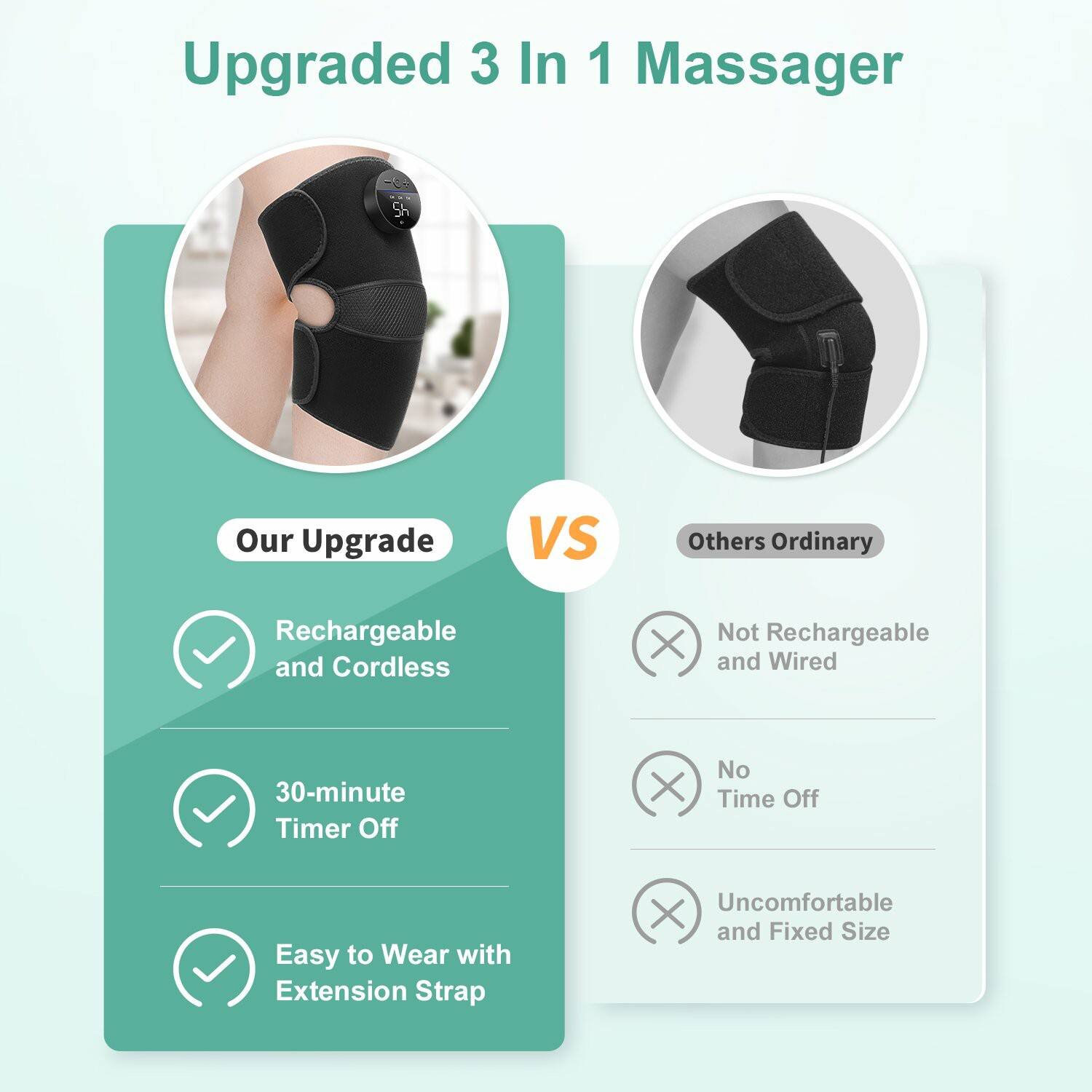 Upgraded 3 In 1 Massager

Our Upgrade VS Others Ordinary

- Rechargeable and Cordless
- 30-minute Timer Off
- Easy to Wear with Extension Strap

- Not Rechargeable and Wired
- No Time Off
- Uncomfortable and Fixed Size