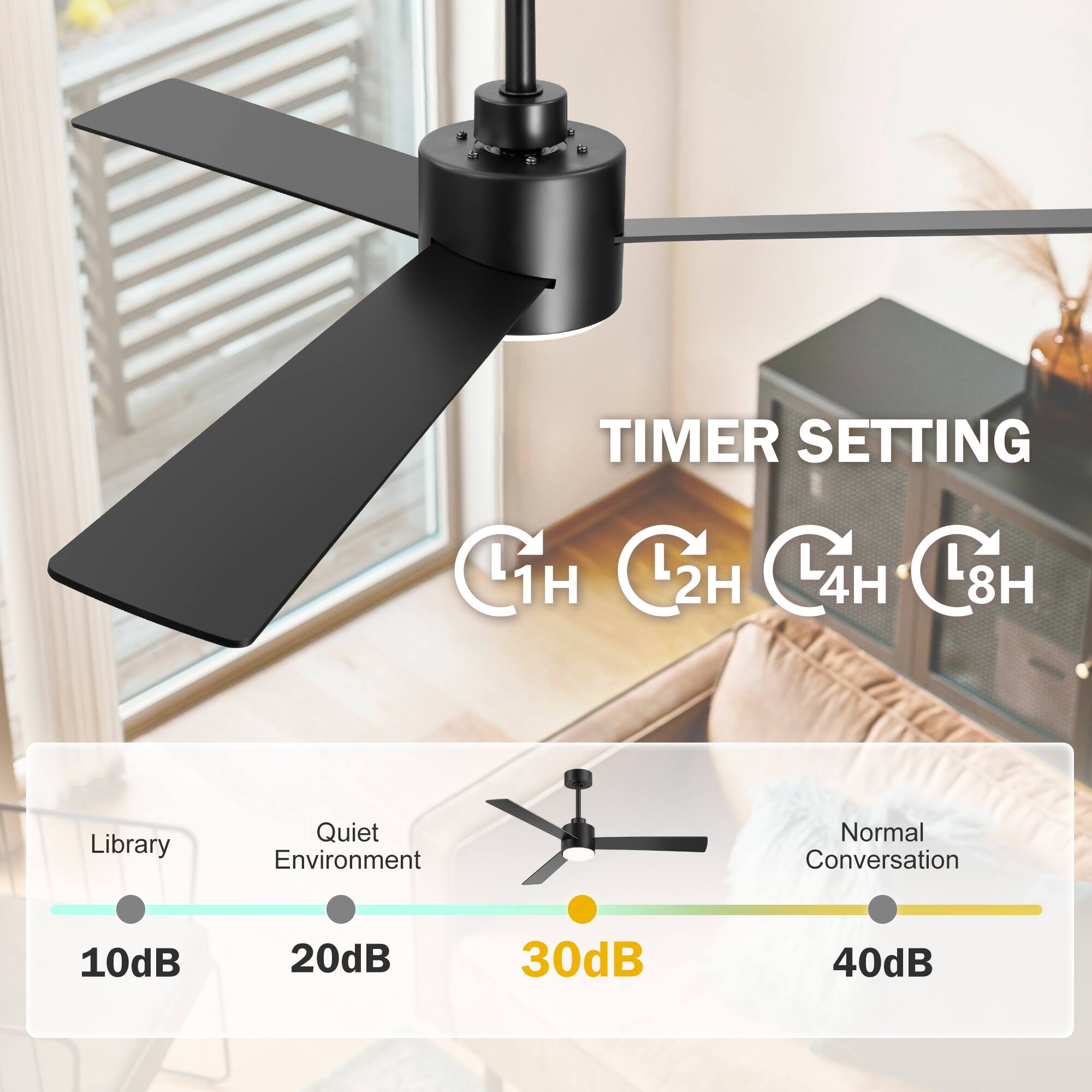 TIMER SETTING  
1H 2H 4H 8H  

Library Quiet Environment Normal Conversation  
10dB 20dB 30dB 40dB