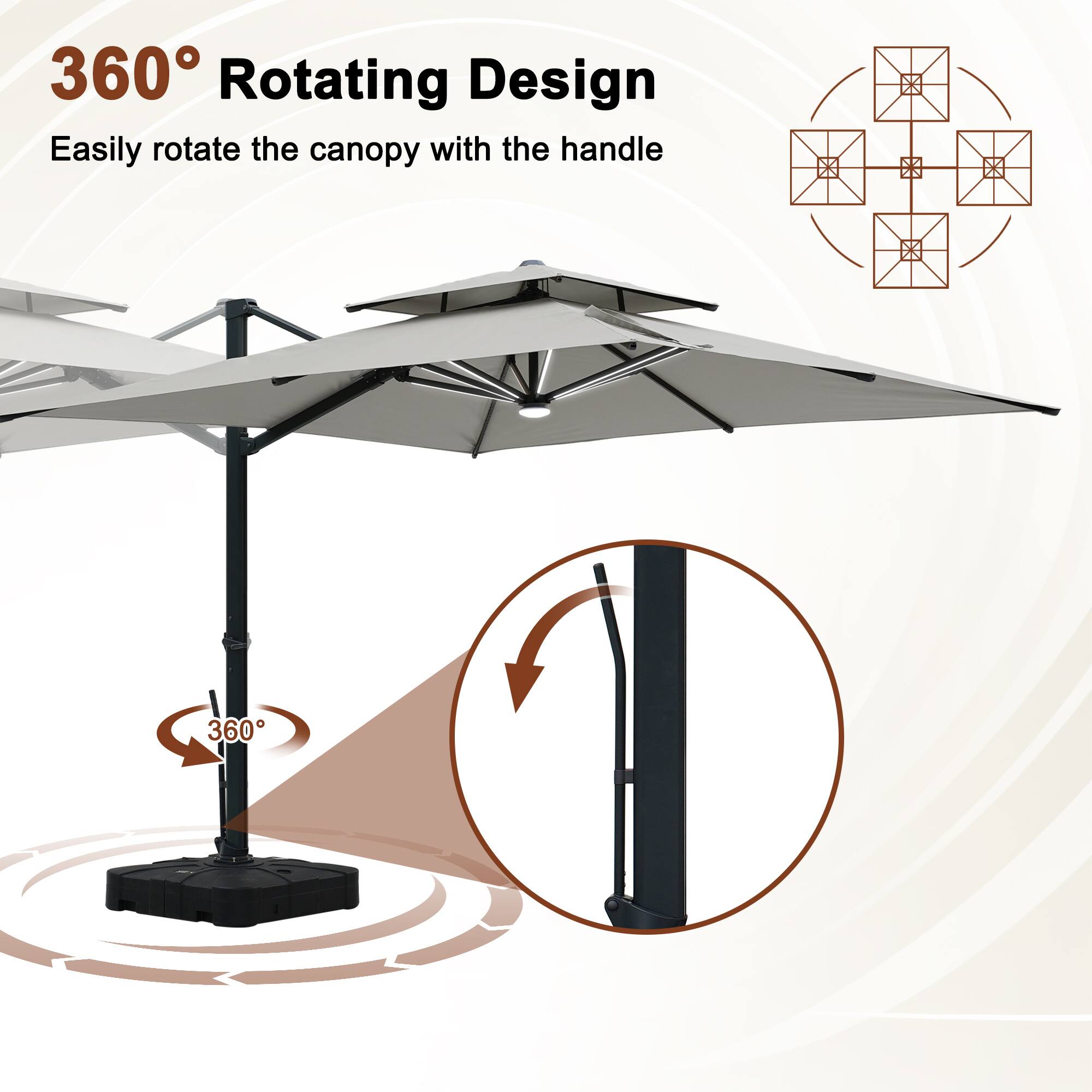 360° Rotating Design  
Easily rotate the canopy with the handle