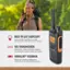 The text on the image is already grouped and correctly written. It describes the features of a walkie talkie, including a built-in LED flashlight, Vox transmission, and enhanced vibrating feedback.