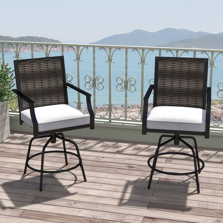 Angle. Mondawe - Set of 2 Outdoor PE Wicker Swivel Bar Stools with Back - Gray.