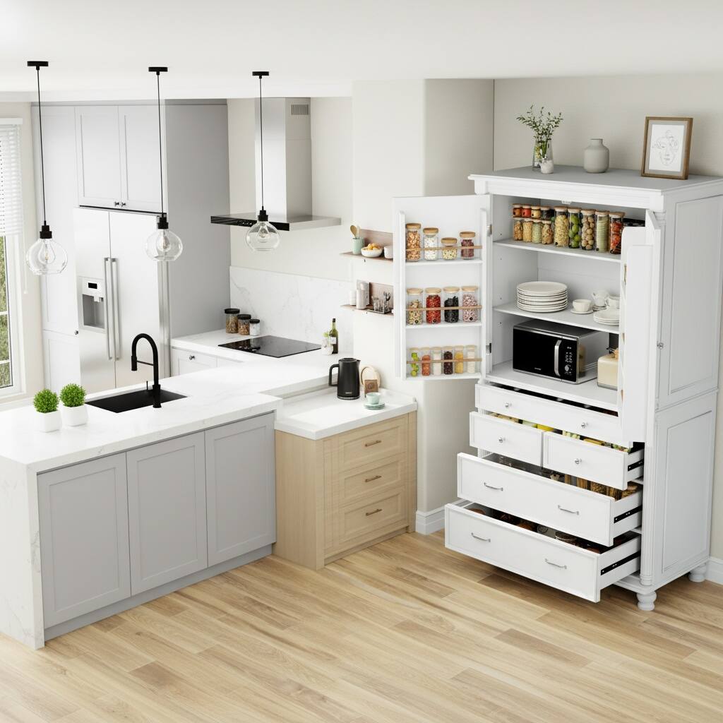 Front. Forest'nSky - 77.3" Tall Kitchen Pantry, 43.3" Wide Storage Cabinet with 5 Drawers & 6 Door Shelves, White - White.