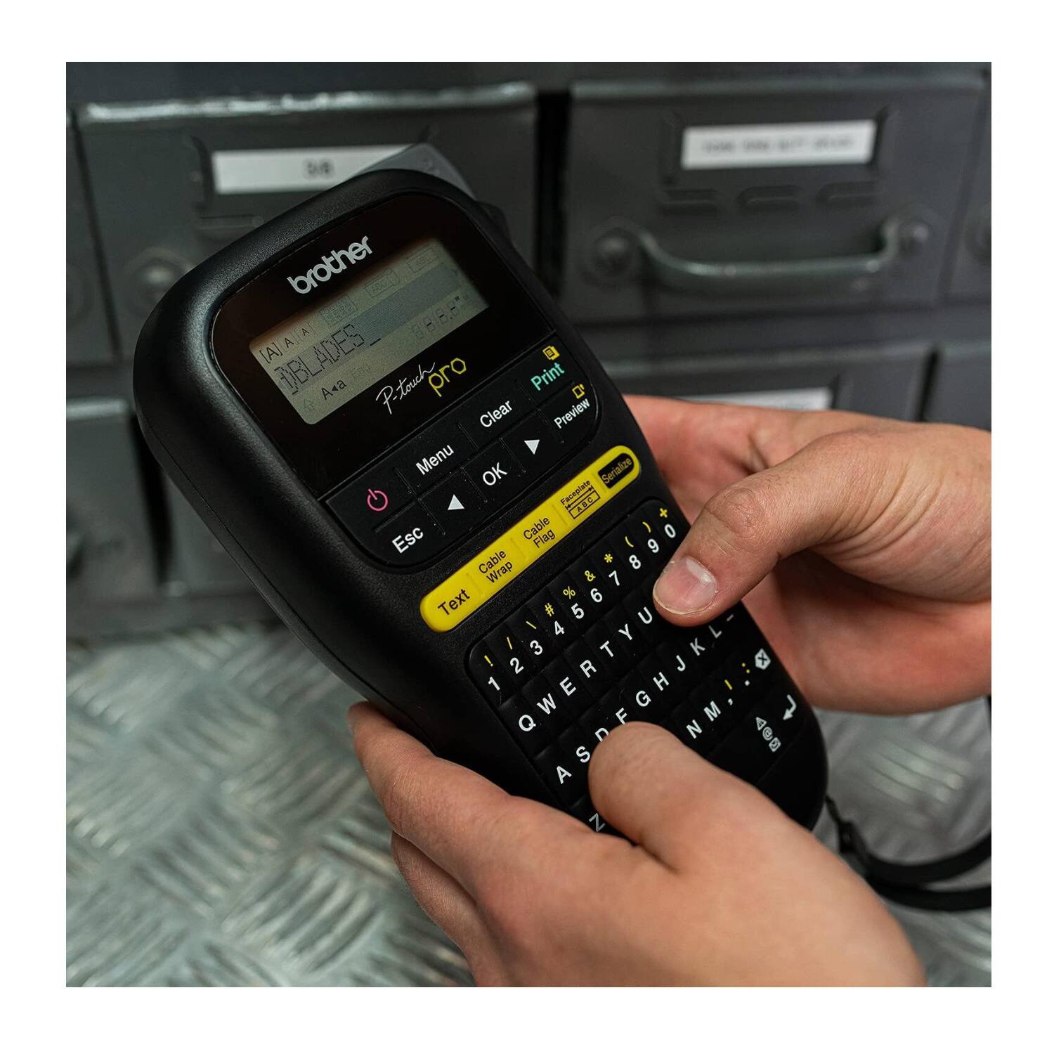 brother  
LABELS  
Aka  
Print pro  
Clear  
Menu  
OK  
Esc  
Text  
Cable Wrap  
Preview  
Serials  
Faceplate  
KILS  
Cable  
Wrap  
1234567890  
%  
6  
Text  
#  
5  
-  
4  
/  
Y  
3  
T  
K  
!  
2  
QWERTYU  
R  
B  
W  
ASDFGHJKL  
N  
M  
AeS  
S  
7  
Z