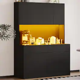 Espafurni - 71" Kitchen Pantry Cabinet with LED Light, Outlet, Microwave Shelf & Adjustable Shelves - Black