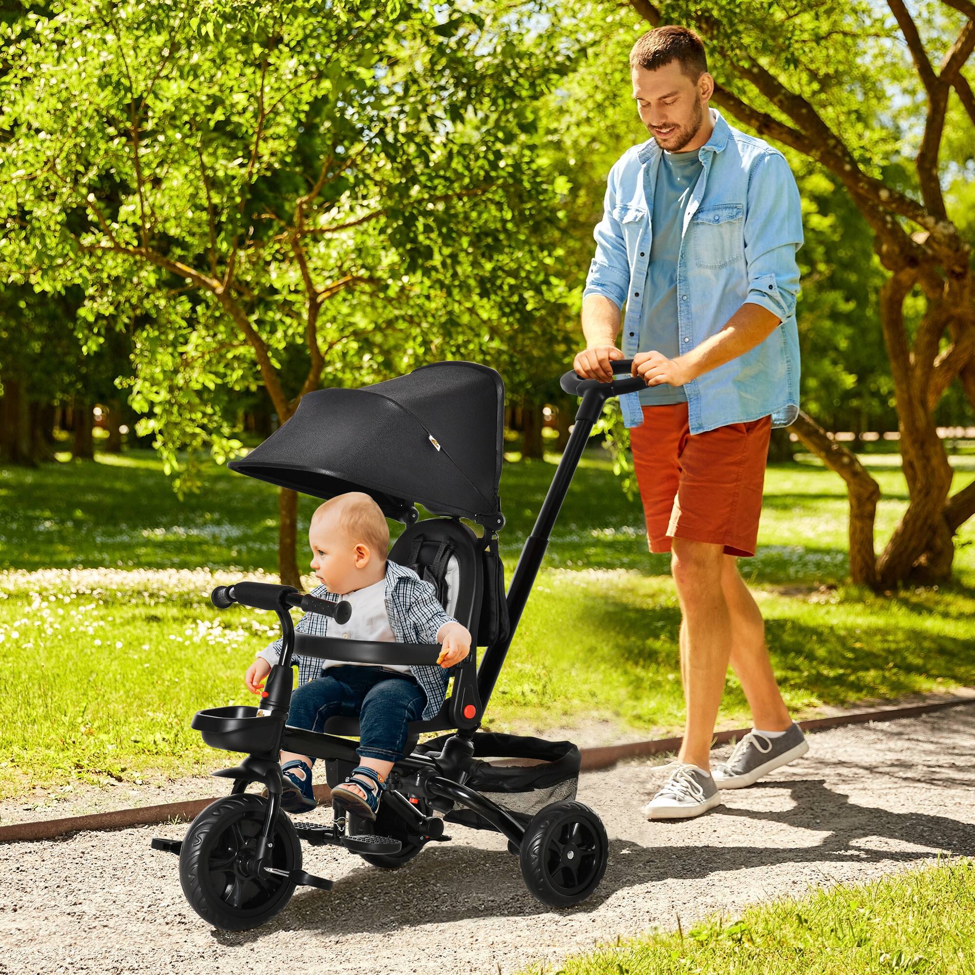 Alt View 1. Qaba - Kids Tricycle 4 in 1 Trike, 2.8'-3.1' Height Push Handle, Canopy, Handrail, Safety Belt, Storage, Brake, 1-5 Years.