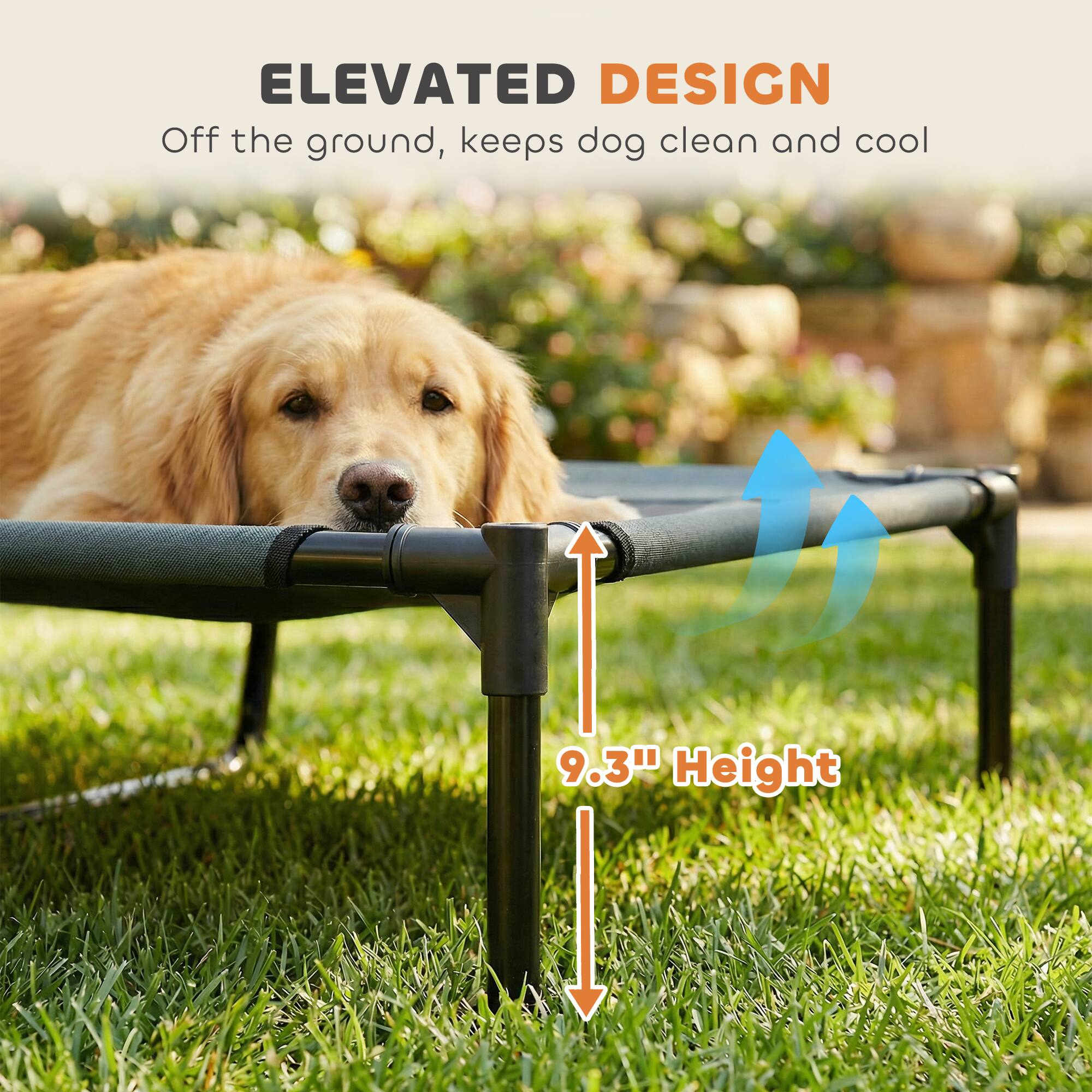 ELEVATED DESIGN  
Off the ground, keeps dog clean and cool  
9.3" Height