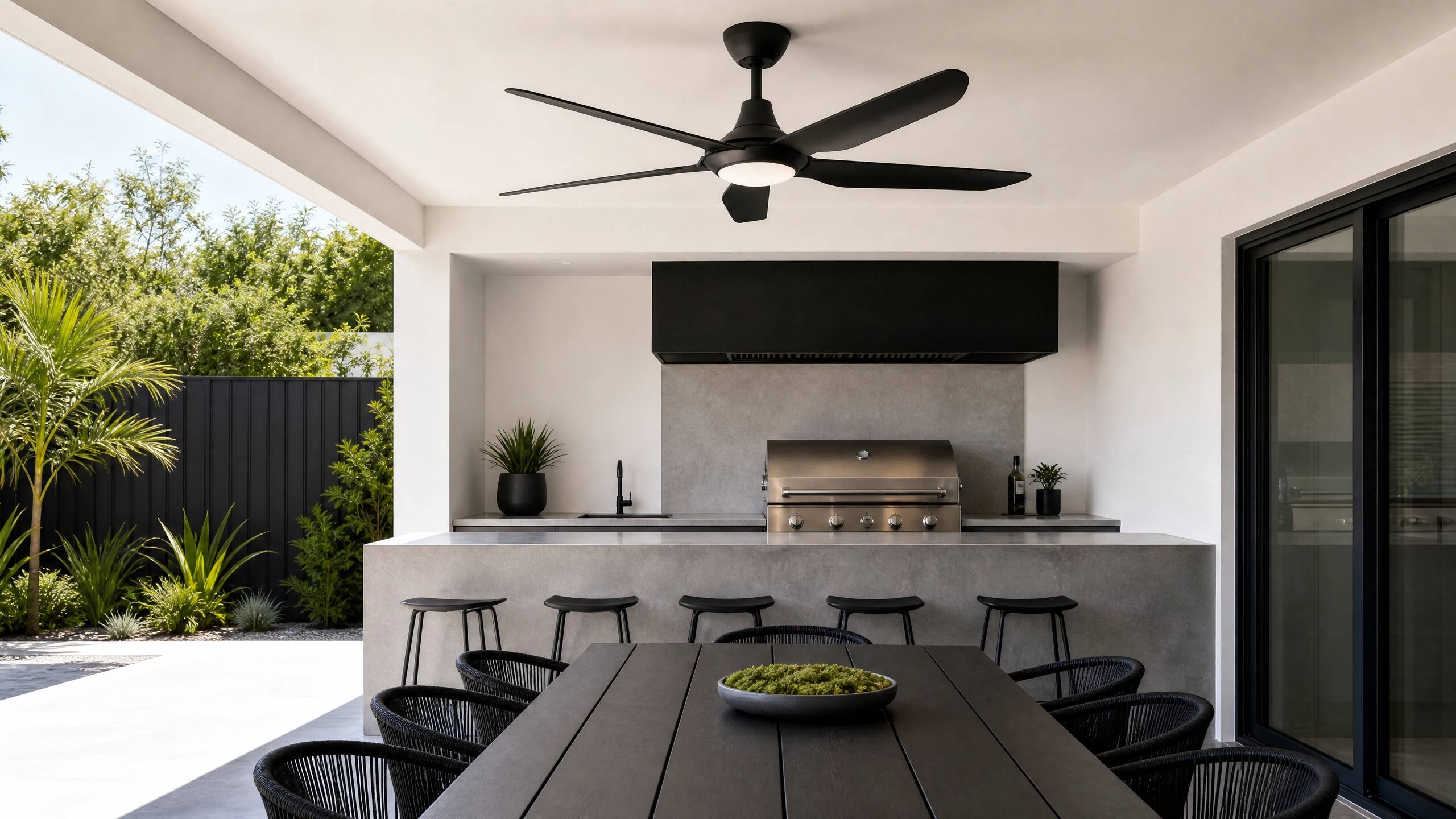 Alt View 2. ENLIGHT - 52" Smart Ceiling Fan, IP66 Outdoor/Coastal, CCT & Dimmable LED, Durable, Efficient & Quiet DC Motor, Matter, 5 Blades - Matte Black.