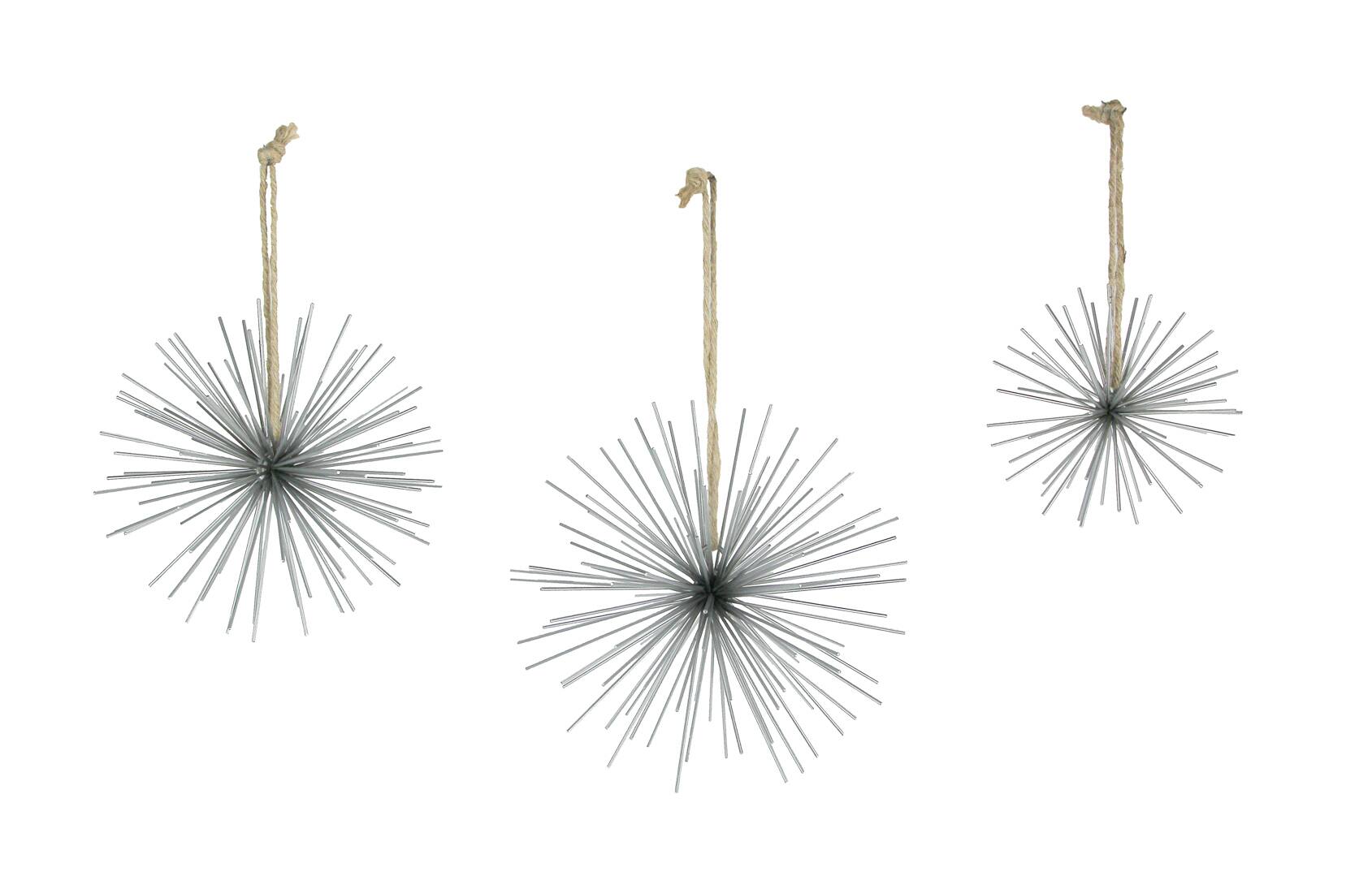 Front. Zeckos - Silver Metal Bursting Star Decorative Hanging Ornaments Set of 3 Rope Hangers - Silver.
