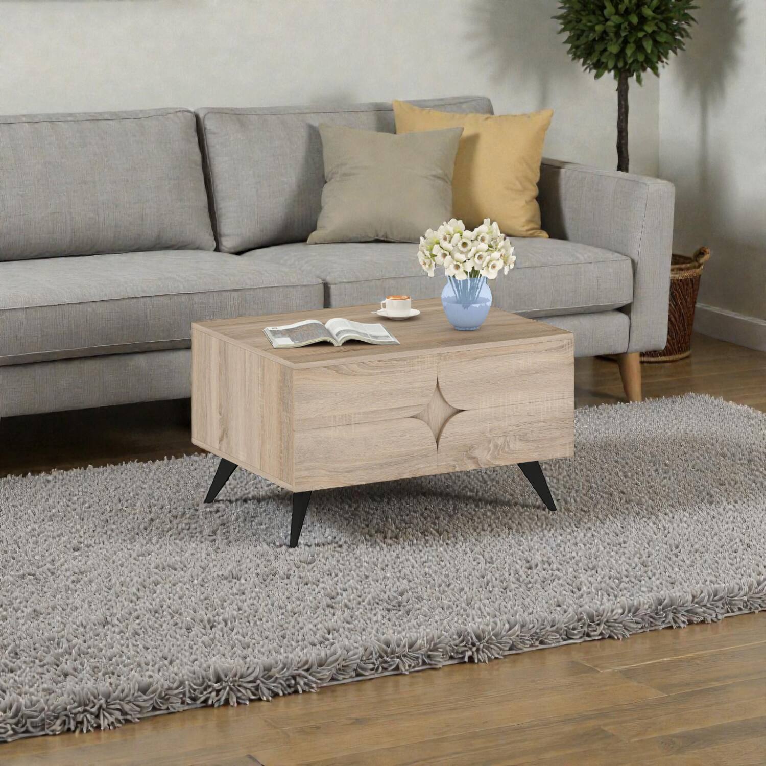 Front. Hivvago - Farmhouse Style Living Room Coffee Table with Built-In Storage Space - Natural.