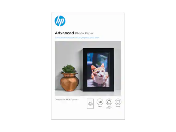 hp Advanced Photo Paper
Enhanced photo projects with bright glossy photo paper
Designed for INKJET printers
4x6" (102x152 mm)
50 Sheets
66 lb (250 g/m²)
Glossy