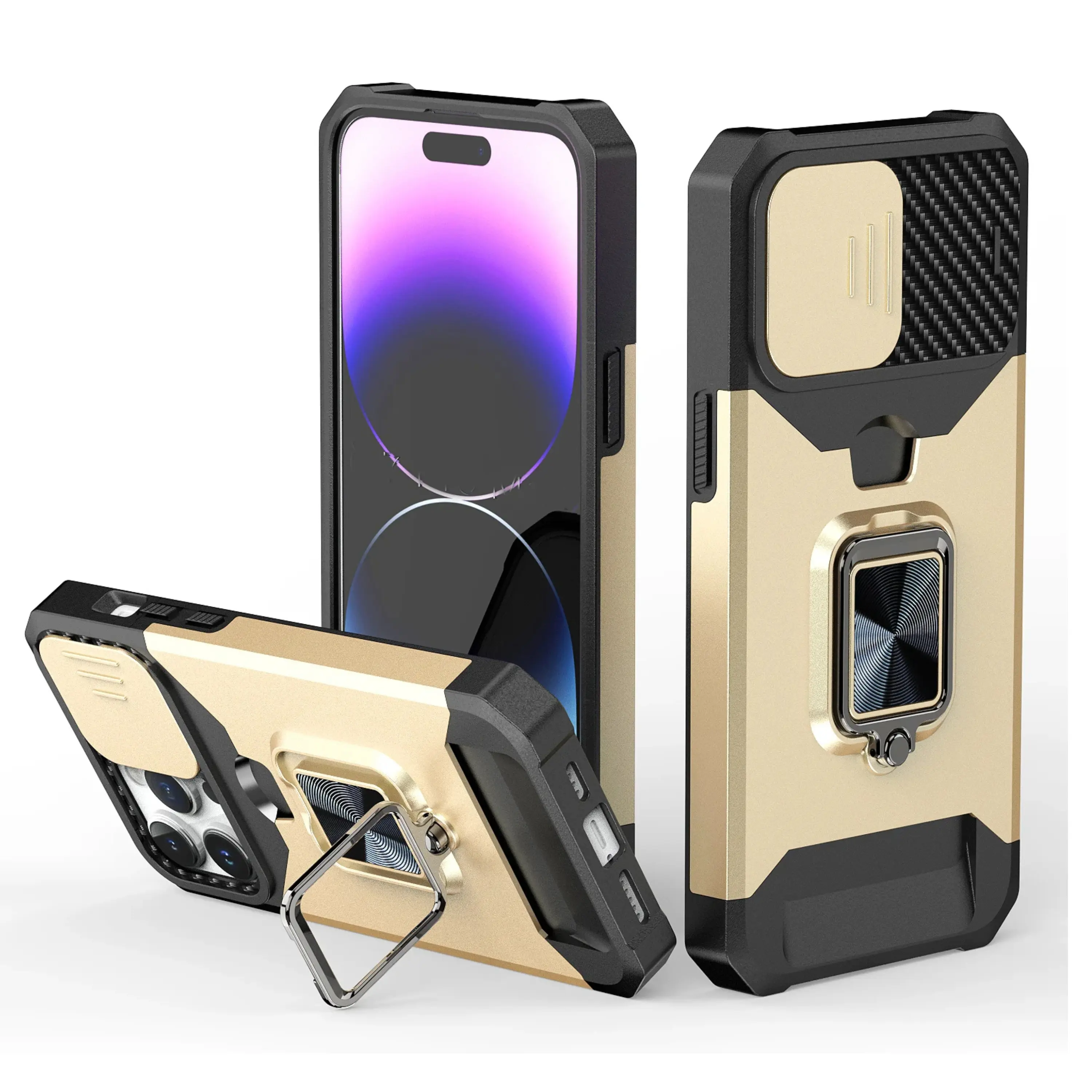 Front. Kitcheniva - Multi Use Card Slot Magnetic Ring Stand Phone Case With 2 Screen Protectors For iPhone 15 Pro Max Gold - Gold.