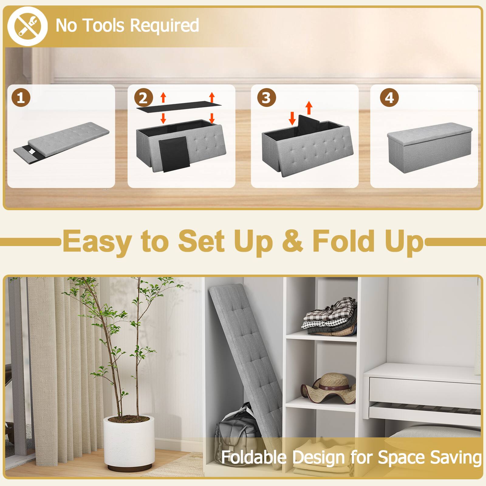No Tools Required

1. Easy to Set Up & Fold Up
2. Foldable Design for Space Saving