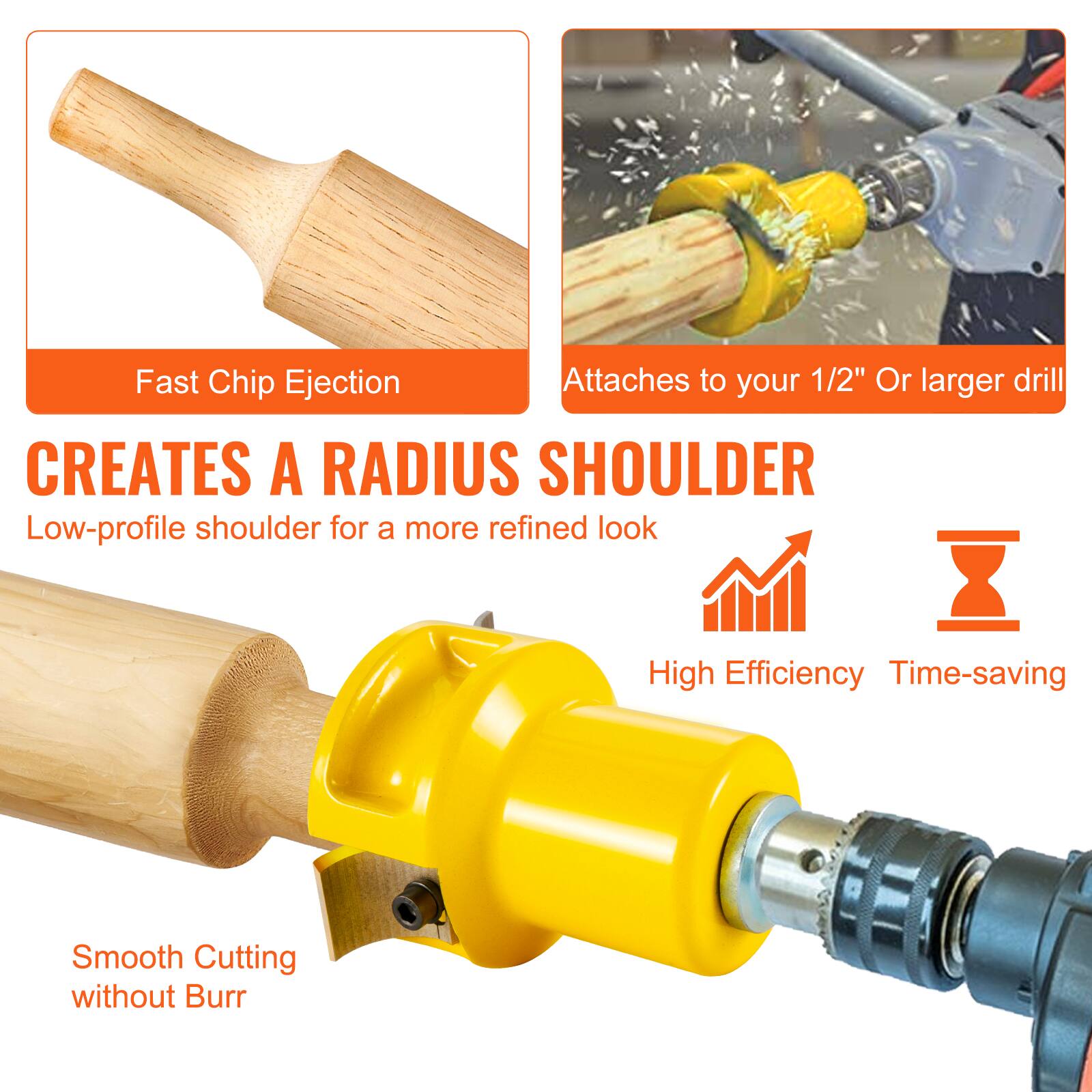 - Fast Chip Ejection
- Attaches to your 1/2" Or larger drill
- CREATES A RADIUS SHOULDER
  - Low-profile shoulder for a more refined look
- High Efficiency
- Time-saving
- Smooth Cutting without Burr