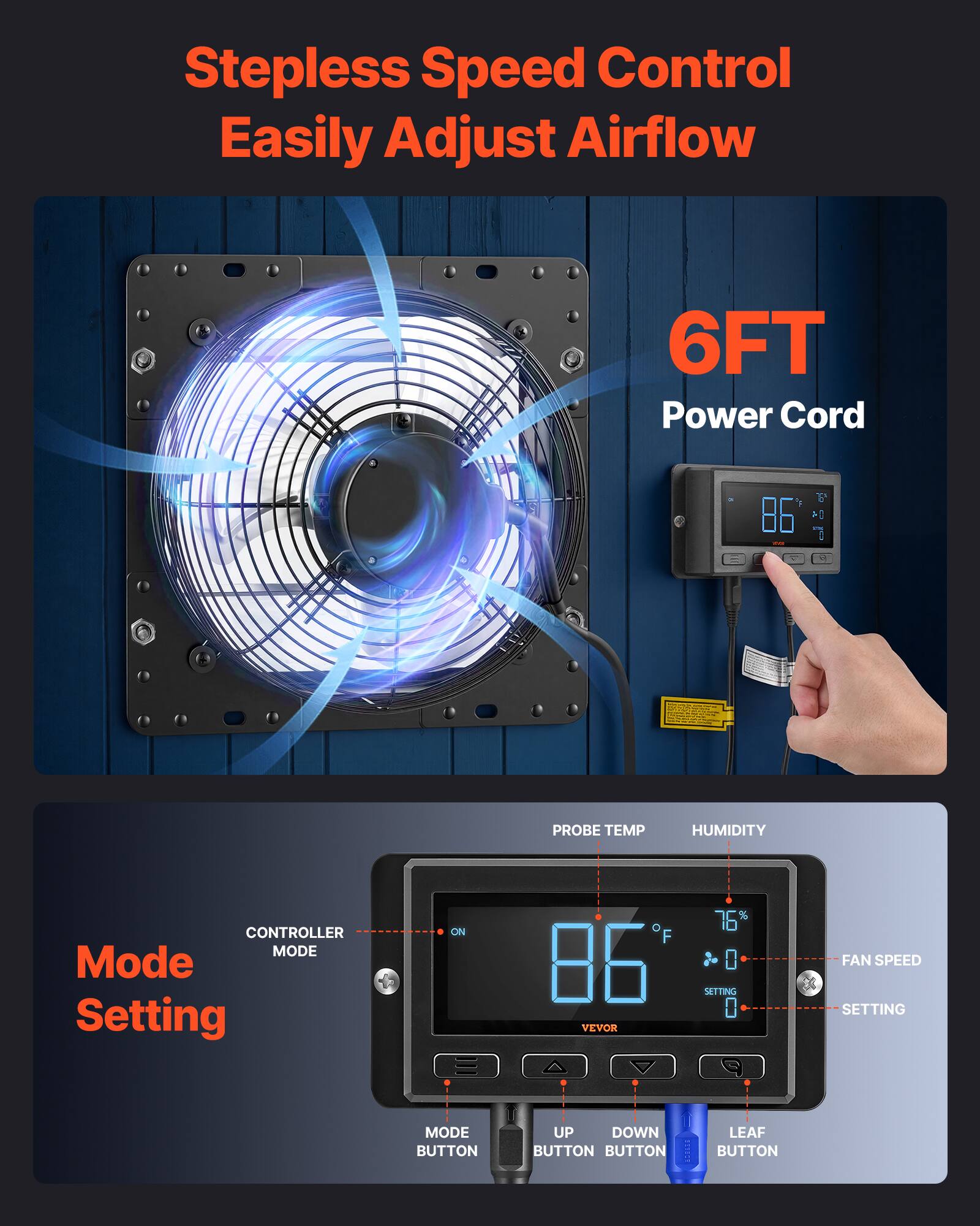 Stepless Speed Control Easily Adjust Airflow  
6FT Power Cord  
86°F  
PROBE TEMP HUMIDITY CONTROLLER  
Mode Setting  
ON  
VEVOR  
F  
76%  
0  
SETTING  
0  
FAN SPEED SETTING  
MODE BUTTON  
UP  
DOWN  
BUTTON  
1  
LEAF BUTTON
