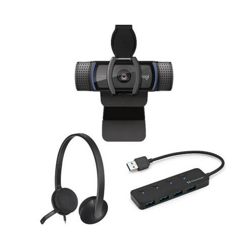 Angle. Logitech - Logitech C920S Pro Stream Webcam w/ Logitech H390 Headset & Knox 4-Port USB Hub.