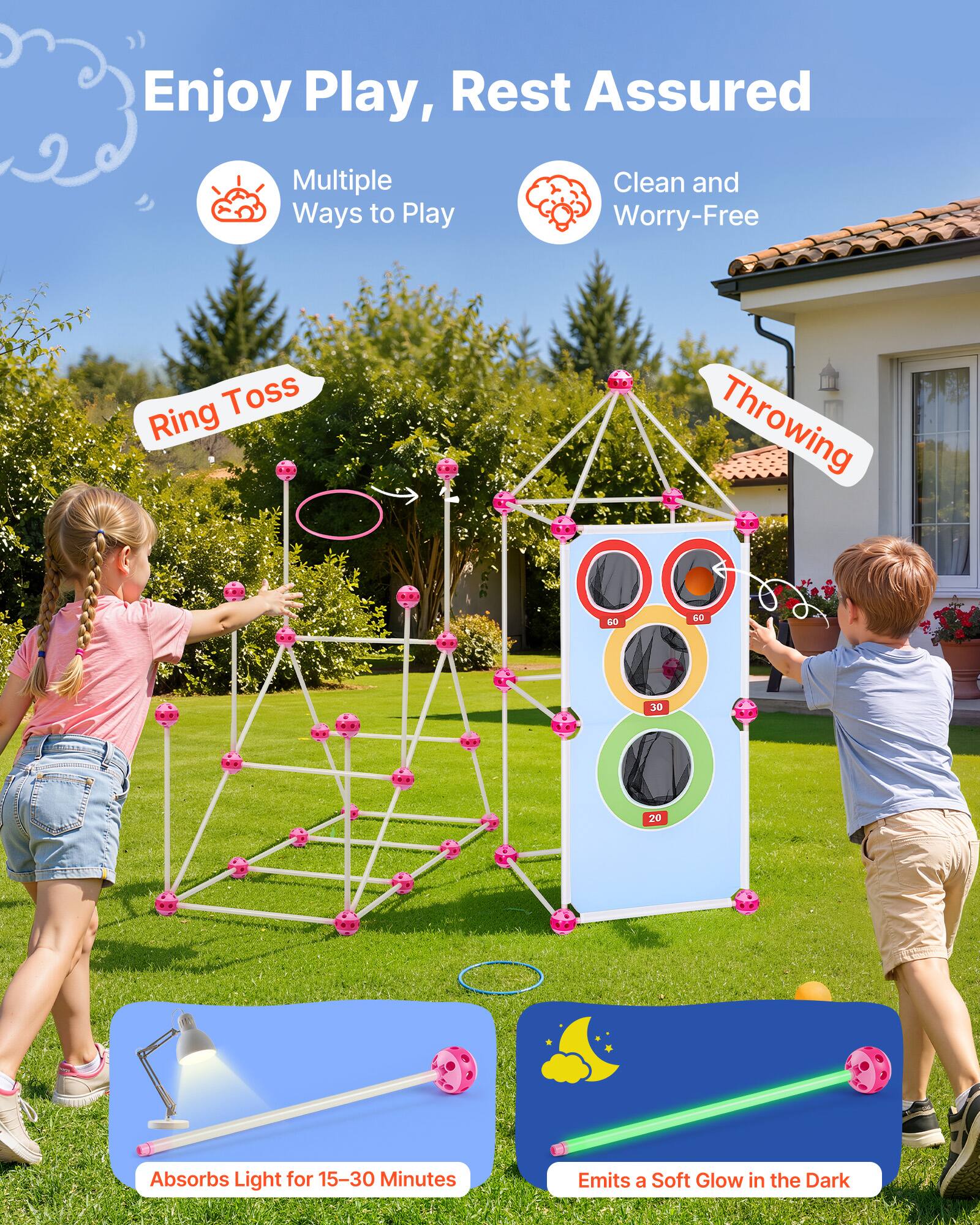 Enjoy Play, Rest Assured

Multiple Ways to Play

Clean and Worry-Free

Ring Toss

Throwing

Absorbs Light for 15-30 Minutes

Emits a Soft Glow in the Dark