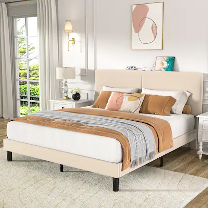 Front. Vecelo - Queen Upholstered Bed Frame with Headboard and USB Type-C Charging Ports, Adjustable Linen Platform Bed, Noise-Free - Beige.