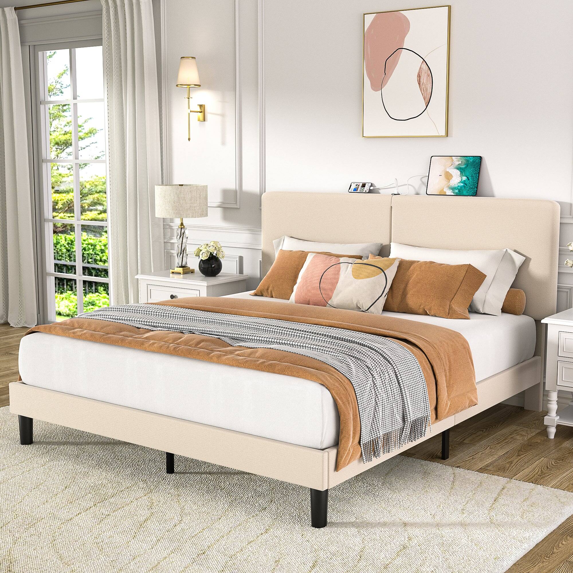 Front. Vecelo - Queen Upholstered Bed Frame with Headboard and USB Type-C Charging Ports, Adjustable Linen Platform Bed, Noise-Free - Beige.