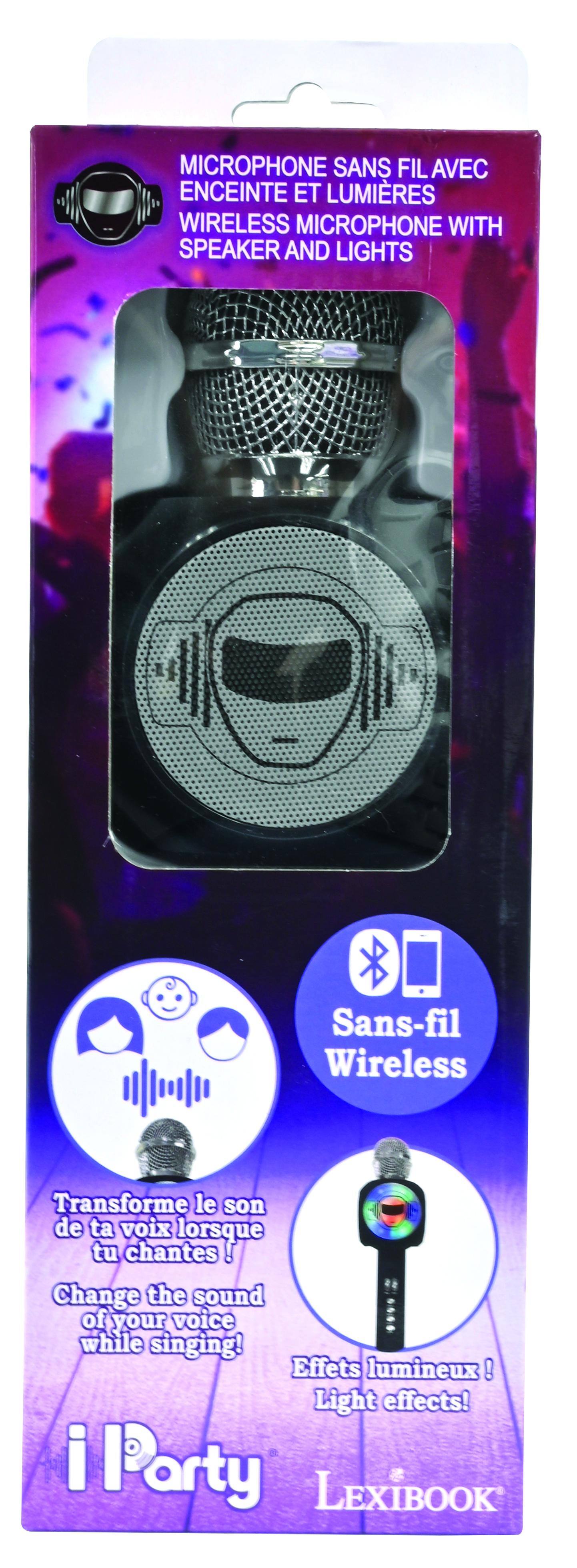 MICROPHONE SANS FIL AVEC ENCEINTE ET LUMIÈRES  
WIRELESS MICROPHONE WITH SPEAKER AND LIGHTS  

Transforme le son de ta voix lorsque tu chantes !  
Change the sound of your voice while singing !  

Effets lumineux !  
Light effects !  

i Party  
LEXIBOOK