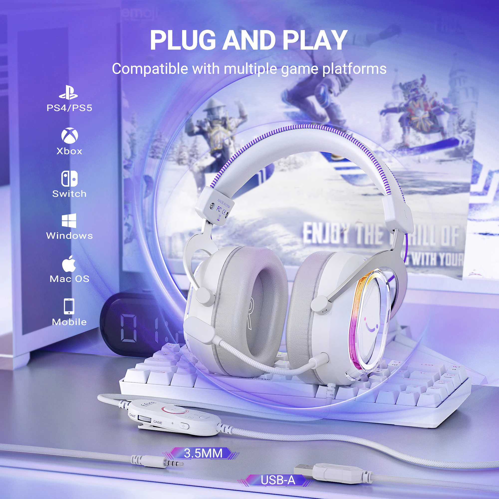 PLUG AND PLAY  
Compatible with multiple game platforms  
PS4/PS5  
Xbox  
Switch  
Windows  
Mac OS  
Mobile  

ENJOY THE HILL OF WITH YOUR  

3.5MM  
USB-A
