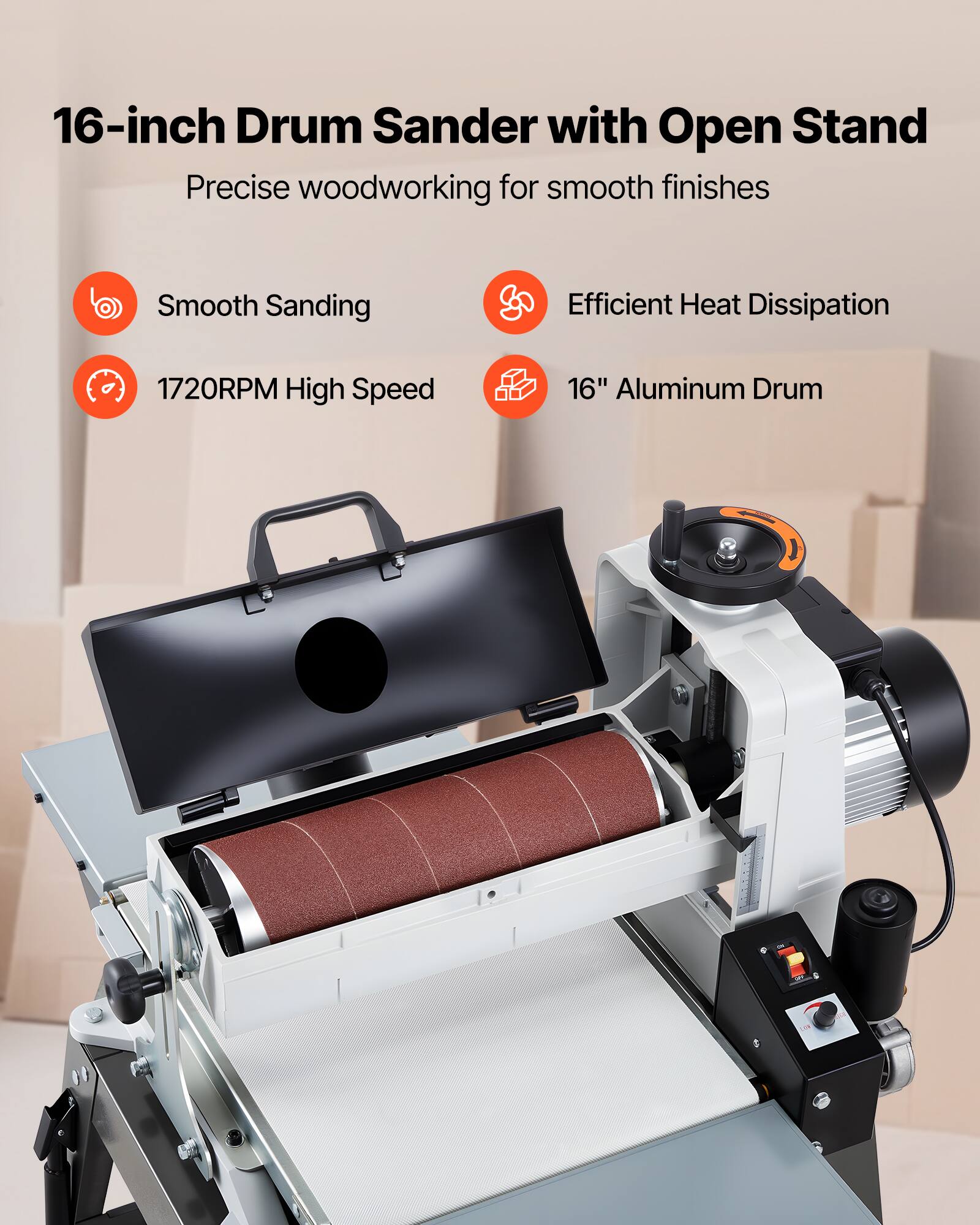 16-inch Drum Sander with Open Stand  
Precise woodworking for smooth finishes

- Smooth Sanding
- Efficient Heat Dissipation
- 1720RPM High Speed
- 16" Aluminum Drum