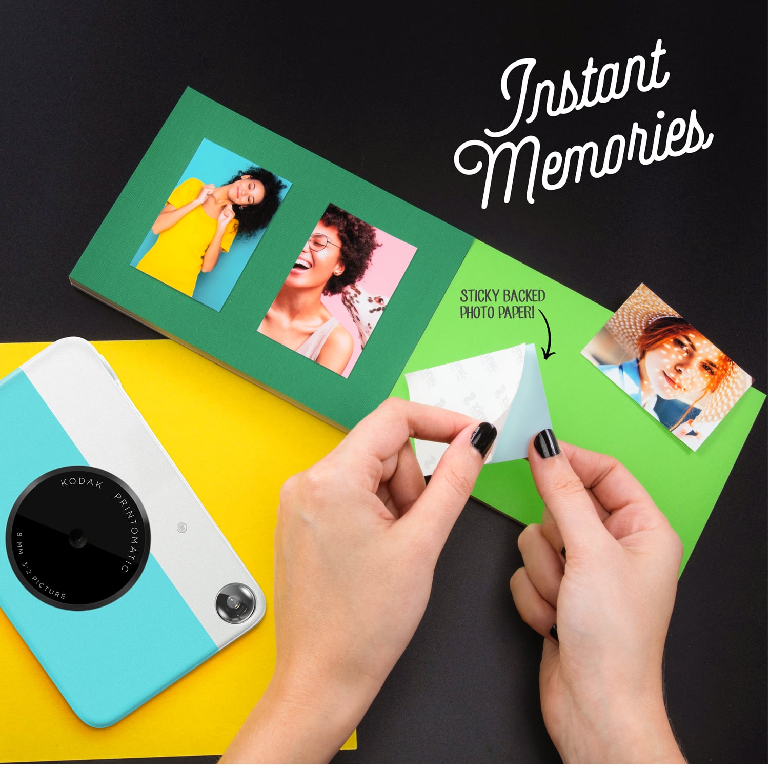 Instant Memories is a product that features sticky backed photo paper. It is designed for use with Kodak HW-12 printomatic picture.