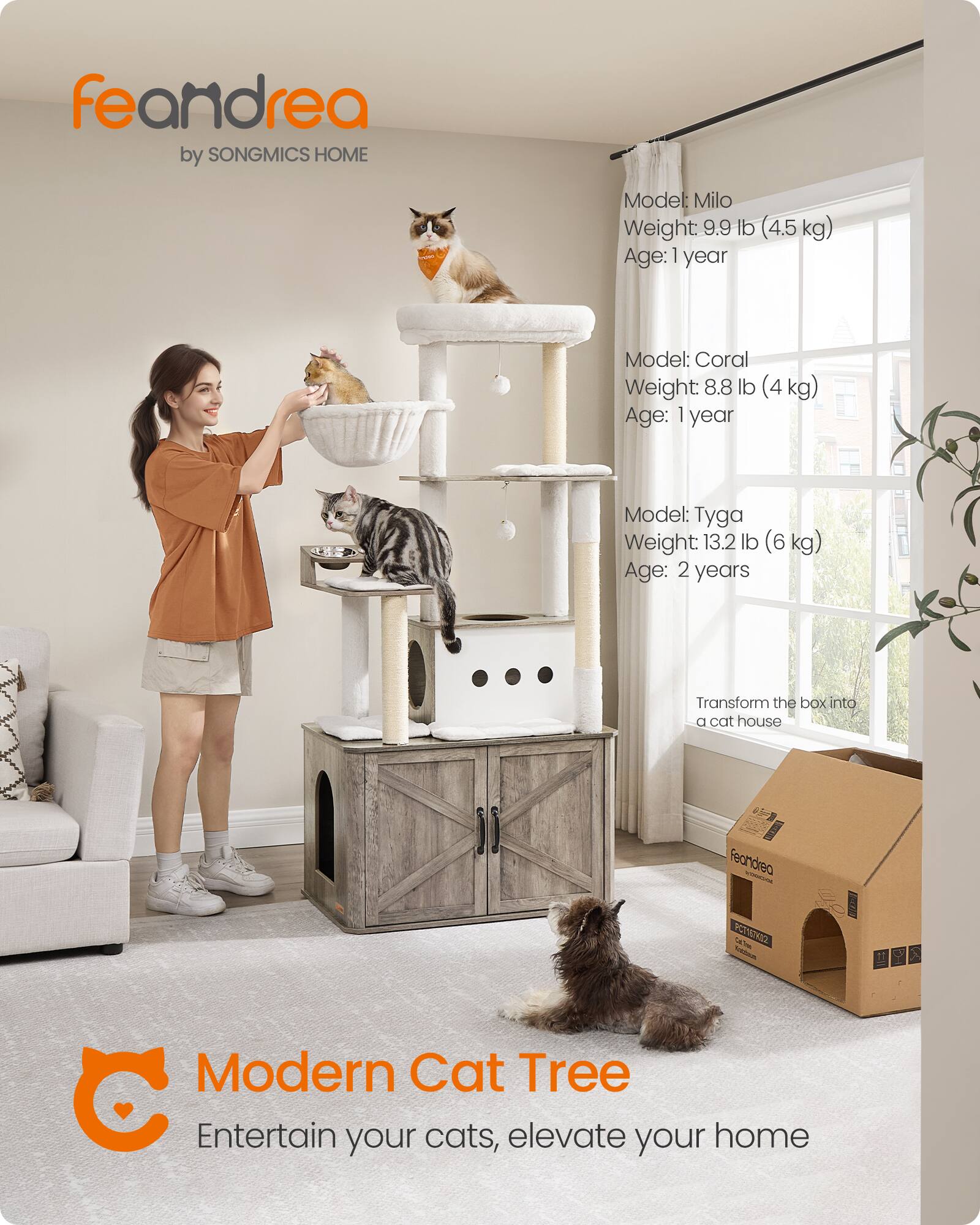 feandrea by SONGMICS HOME

Model: Milo  
Weight: 9.9 lb (4.5 kg)  
Age: 1 year

Model: Coral  
Weight: 8.8 lb (4 kg)  
Age: 1 year

Model: Tyga  
Weight: 13.2 lb (6 kg)  
Age: 2 years

Transform the box into a cat house

Modern Cat Tree  
Entertain your cats, elevate your home