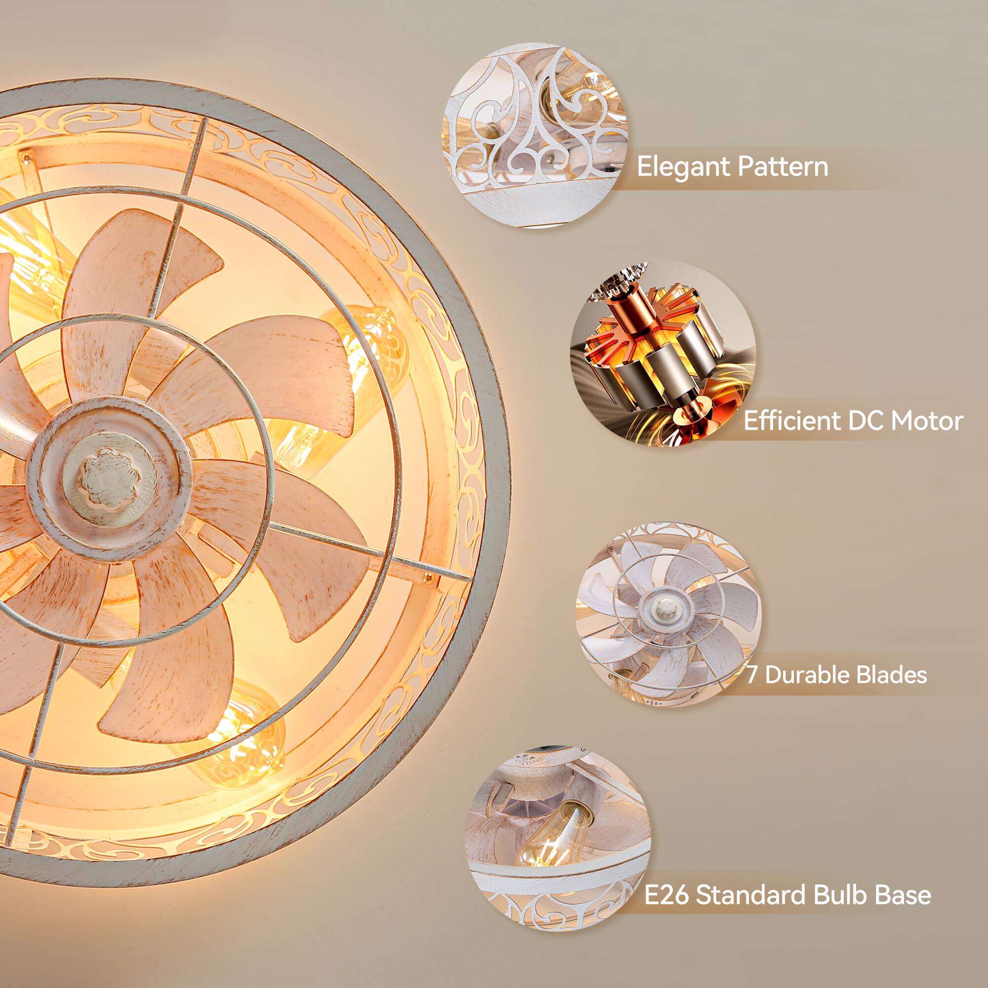 Elegant Pattern, Efficient DC Motor, 7 Durable Blades, E26 Standard Bulb Base