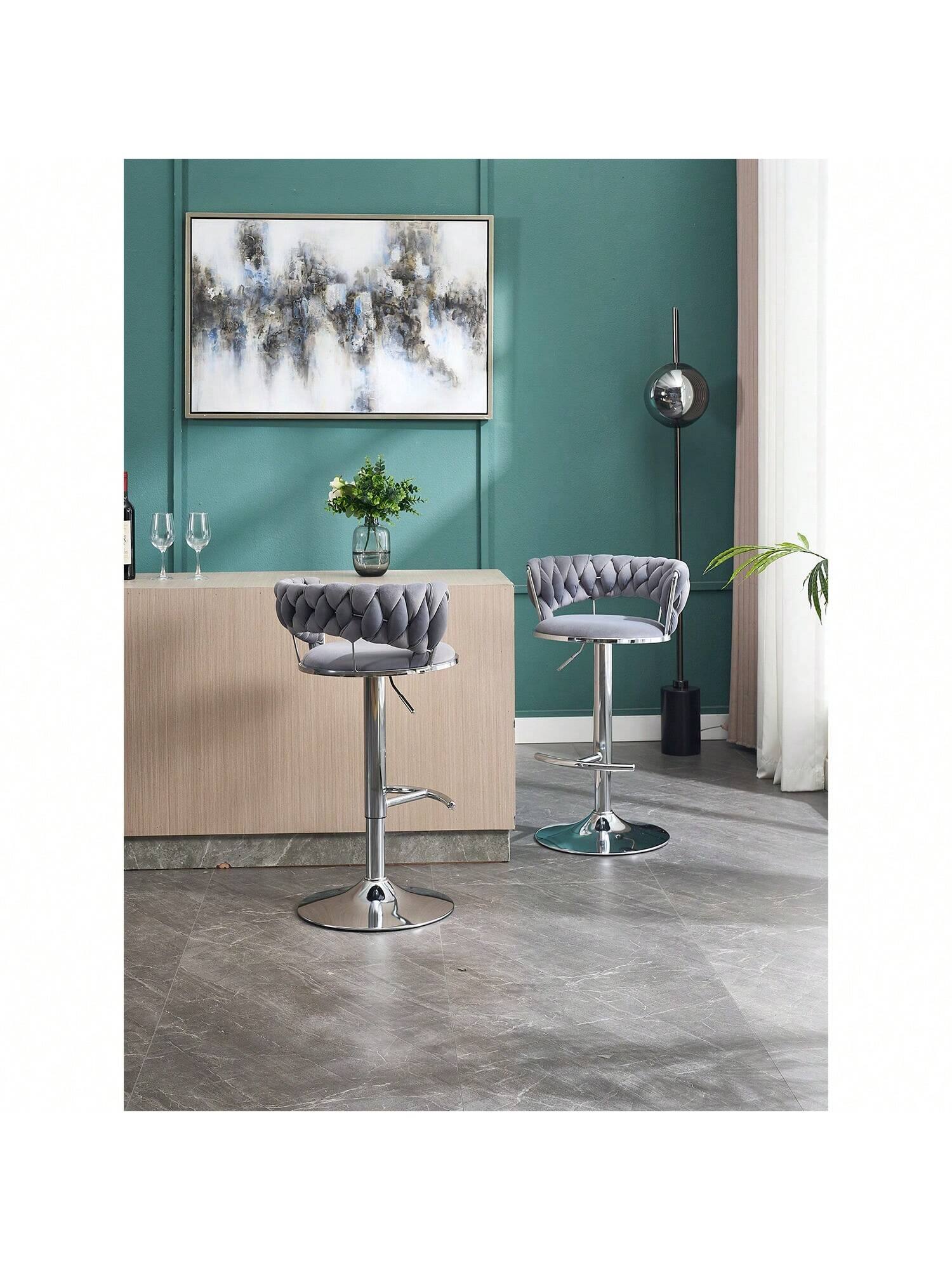 Back. Trinkets Crazed - Velvet Bar Stools Set Of 2, Modern Swivel Barstools With Woven Backrest, Adjustable Counter Stools - Gray.