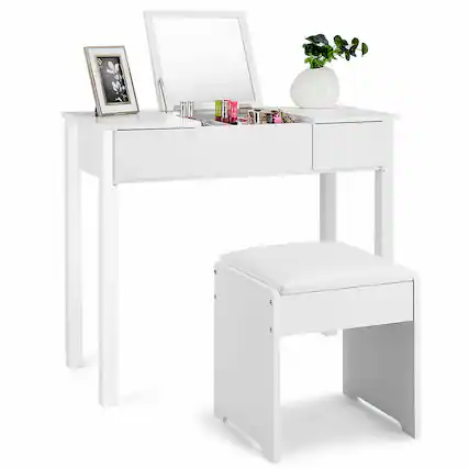 Front. Costway - Costway Vanity Dressing Table Furniture Stool Storage Box - White.