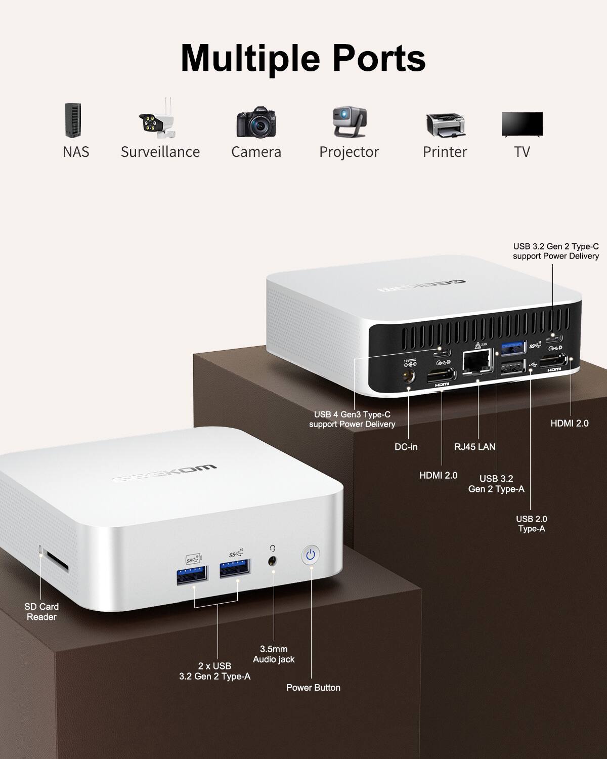 Multiple Ports

NAS Surveillance Camera Projector Printer TV

USB 3.2 Gen 2 Type-C support Power Delivery

- USB 4 Gen3 Type-C support Power Delivery
- HDMI 2.0
- DC-in RJ45 LAN HDMI 2.0 USB 3.2 Gen 2 Type-A
- USB 2.0 Type-A
- SD Card Reader
- 3.5mm Audio jack
- 2 x USB 3.2 Gen 2 Type-A
- Power Button